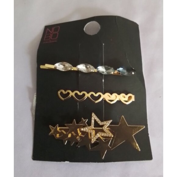 NOBO Hair Clip Pin Set - Crystal Heart & Star Designs - Gold Tone - Picture 1 of 4